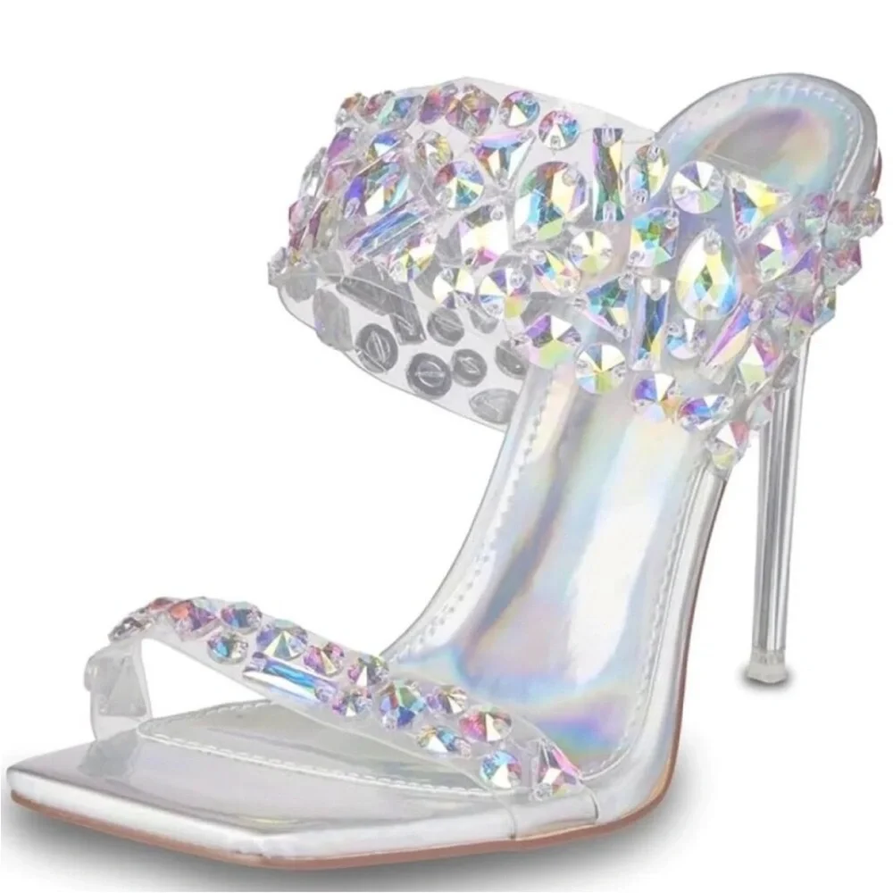 Callie Clearly Gems: PVC Iridescent Stud & Stone Glass Slipper Silver Stiletto